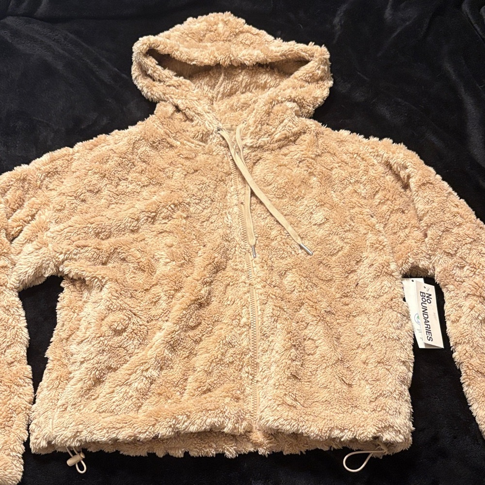 No Boundaries Beige Fuzzy Zip-Up Hoodie